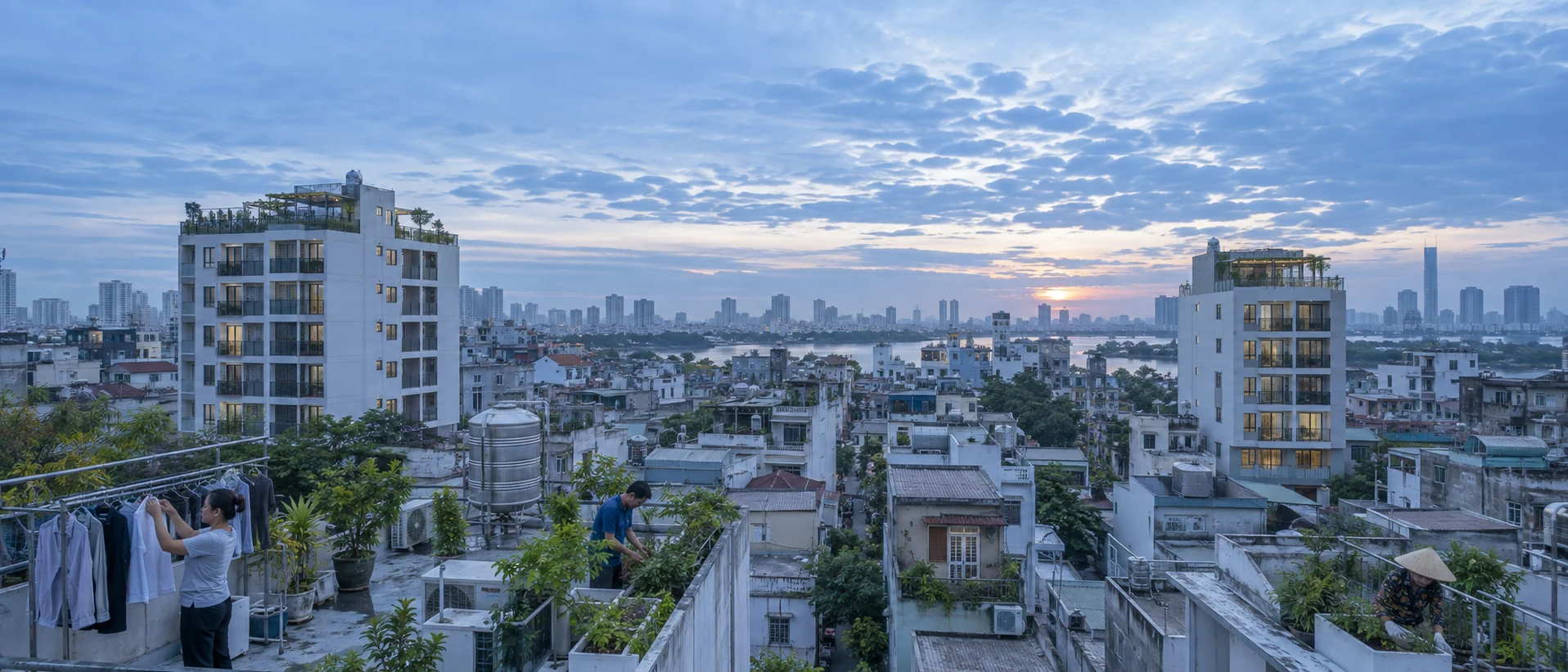 Nhìn từ sân thượng xuống một khu phố đông ở Việt Nam lúc chiều tối, hai toà căn hộ dịch vụ cách nhau vài dãy nhà.