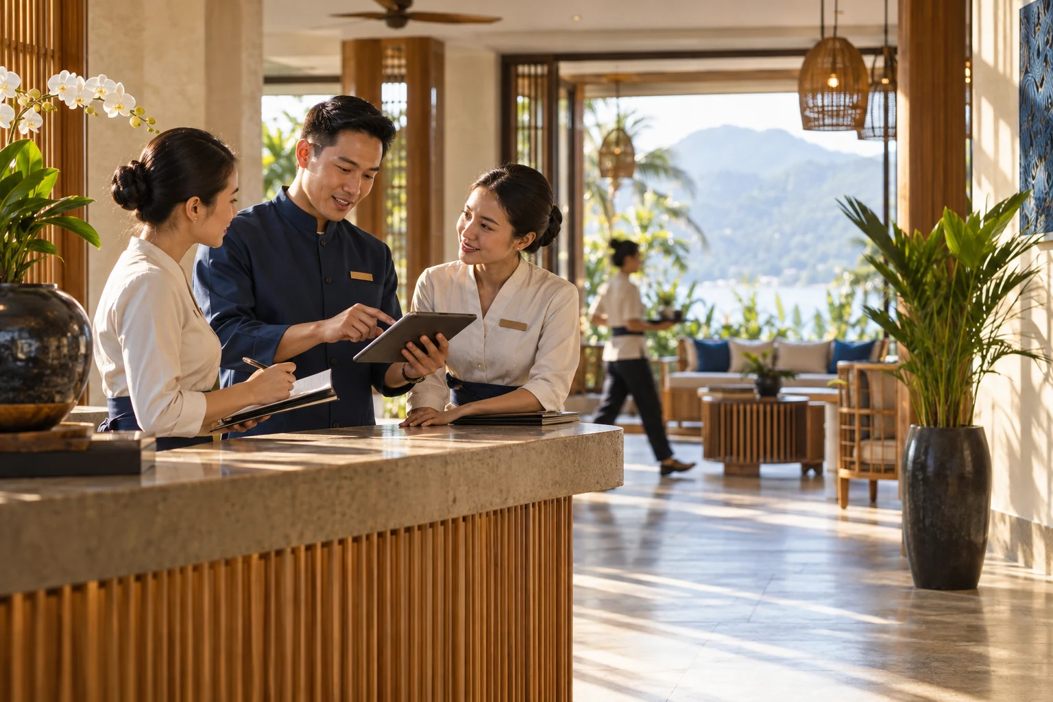 Ba nhân viên một khách sạn nhỏ đứng ở quầy lễ tân, cùng xem thông tin trên máy tính bảng.