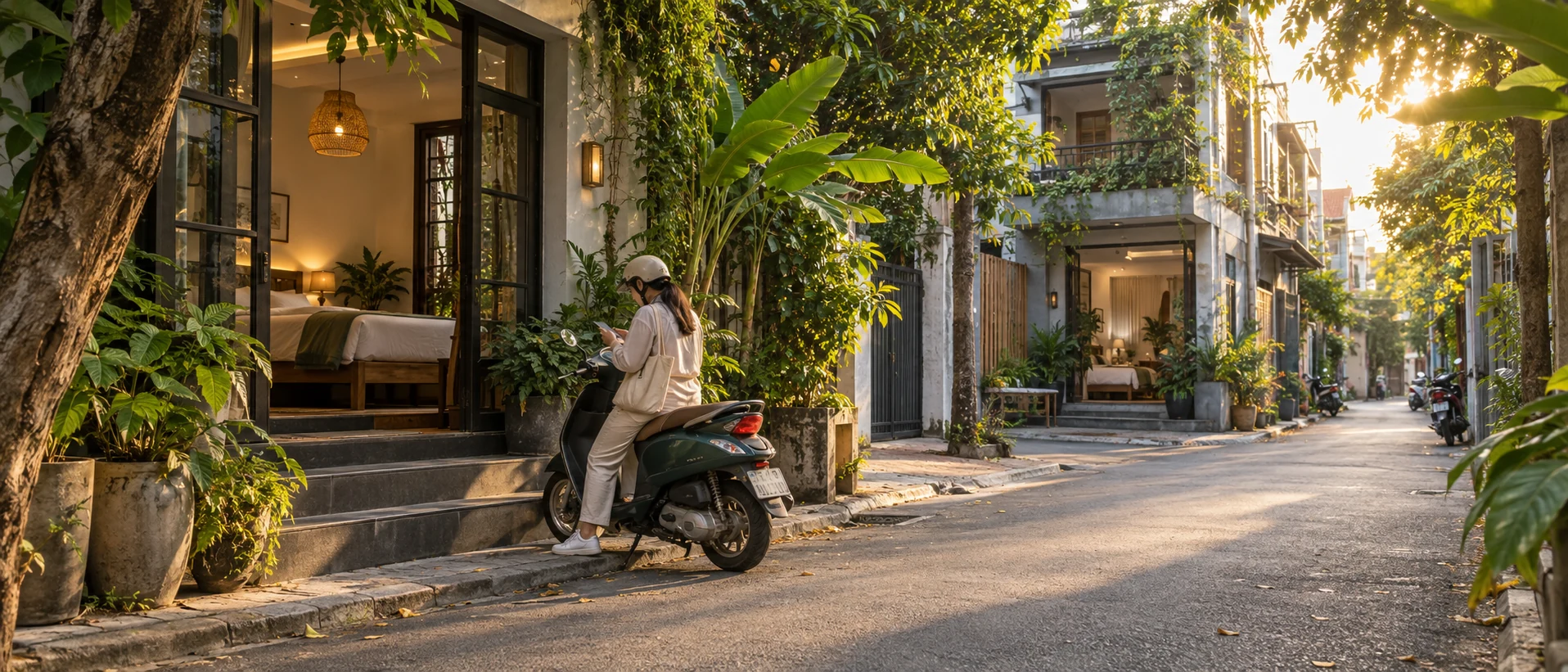 Con hẻm nhỏ cuối chiều với hai homestay liền kề, chủ nhà dừng xe máy trước cửa đang sáng đèn, cây xanh phủ dọc lối đi.
