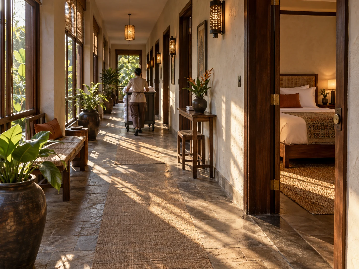 Hành lang khách sạn boutique chín phòng, nhân viên đẩy xe khăn đi xa khỏi máy ảnh, nắng cắt thành dải trên sàn đá.