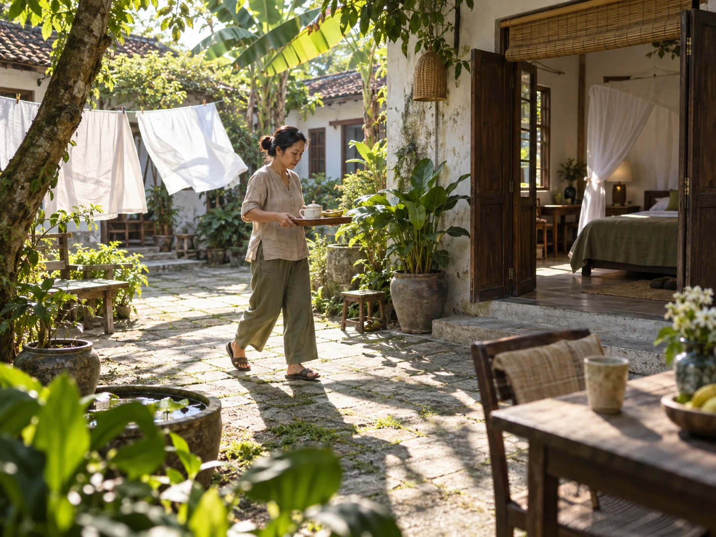 Sân trong của một homestay nhỏ buổi sáng, dây phơi ga trắng bay nhẹ, chủ nhà đi ngang bưng khay.