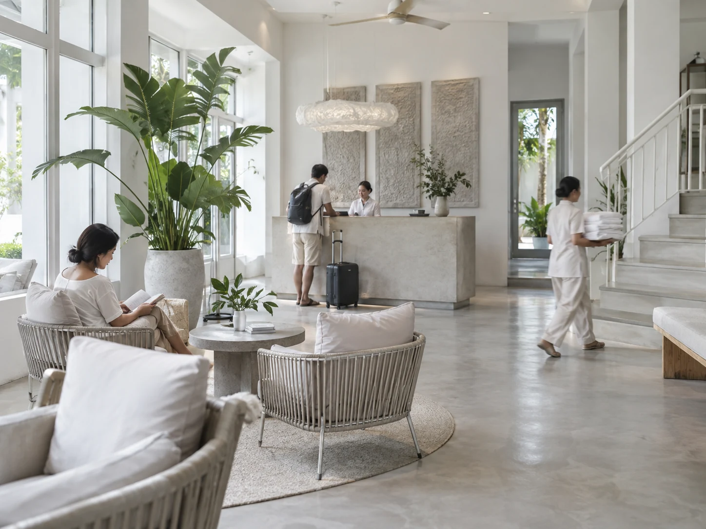 Sảnh một khách sạn mười tám phòng buổi sáng muộn, khách đang nhận phòng ở quầy phía xa.