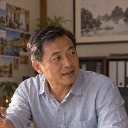 Người điều hành nhiều cơ sở ngồi trước hai màn hình trong văn phòng phía sau.