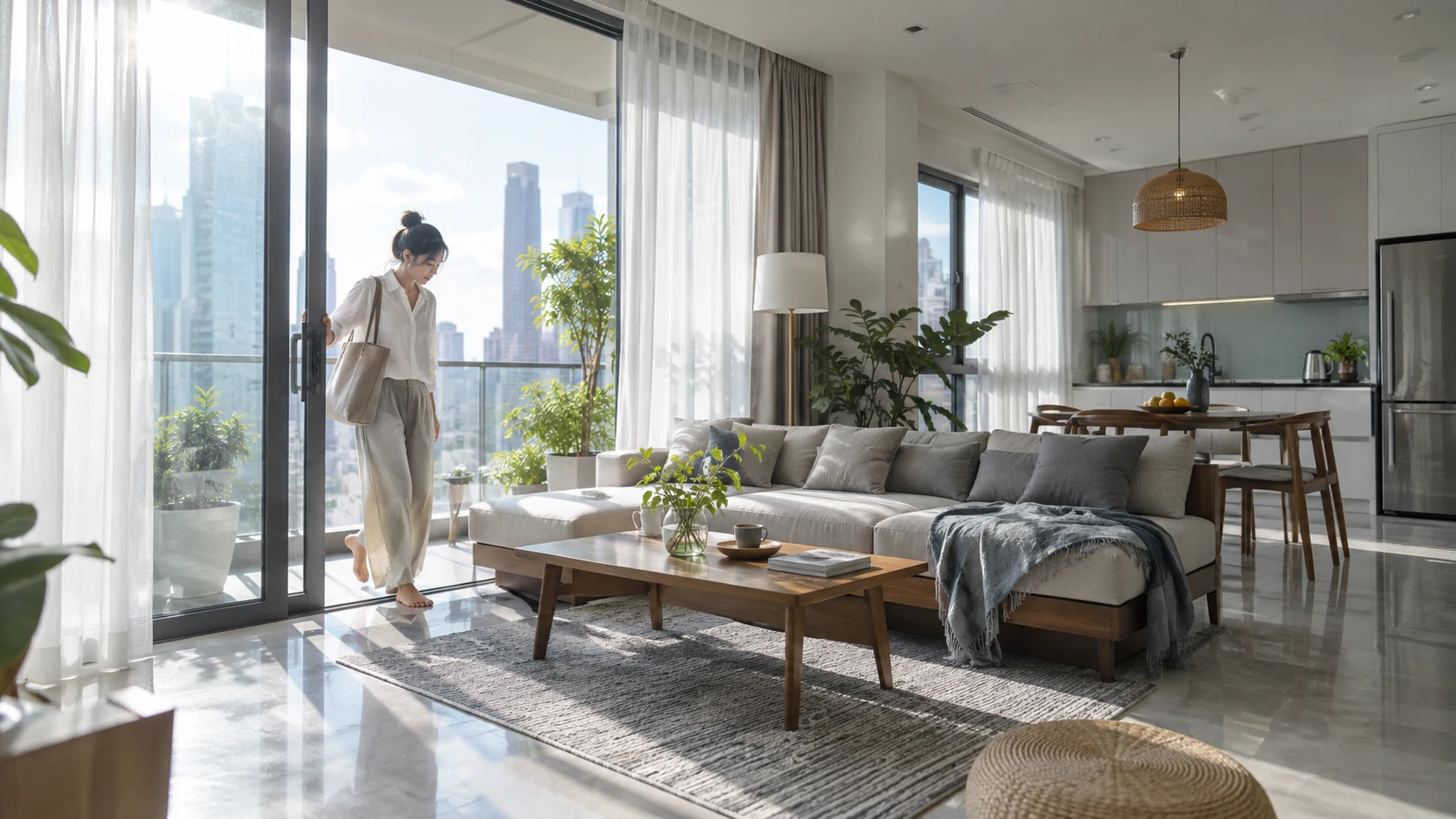 Người quản lý bước từ ban công vào phòng khách căn hộ dịch vụ, nắng sáng thành phố tràn qua cửa kính.