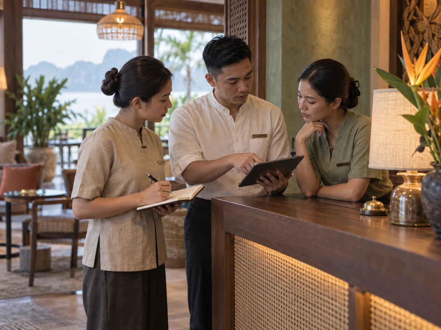 Ba người của một chỗ nghỉ đứng quanh quầy lễ tân, cùng xem một màn hình trên máy tính bảng.