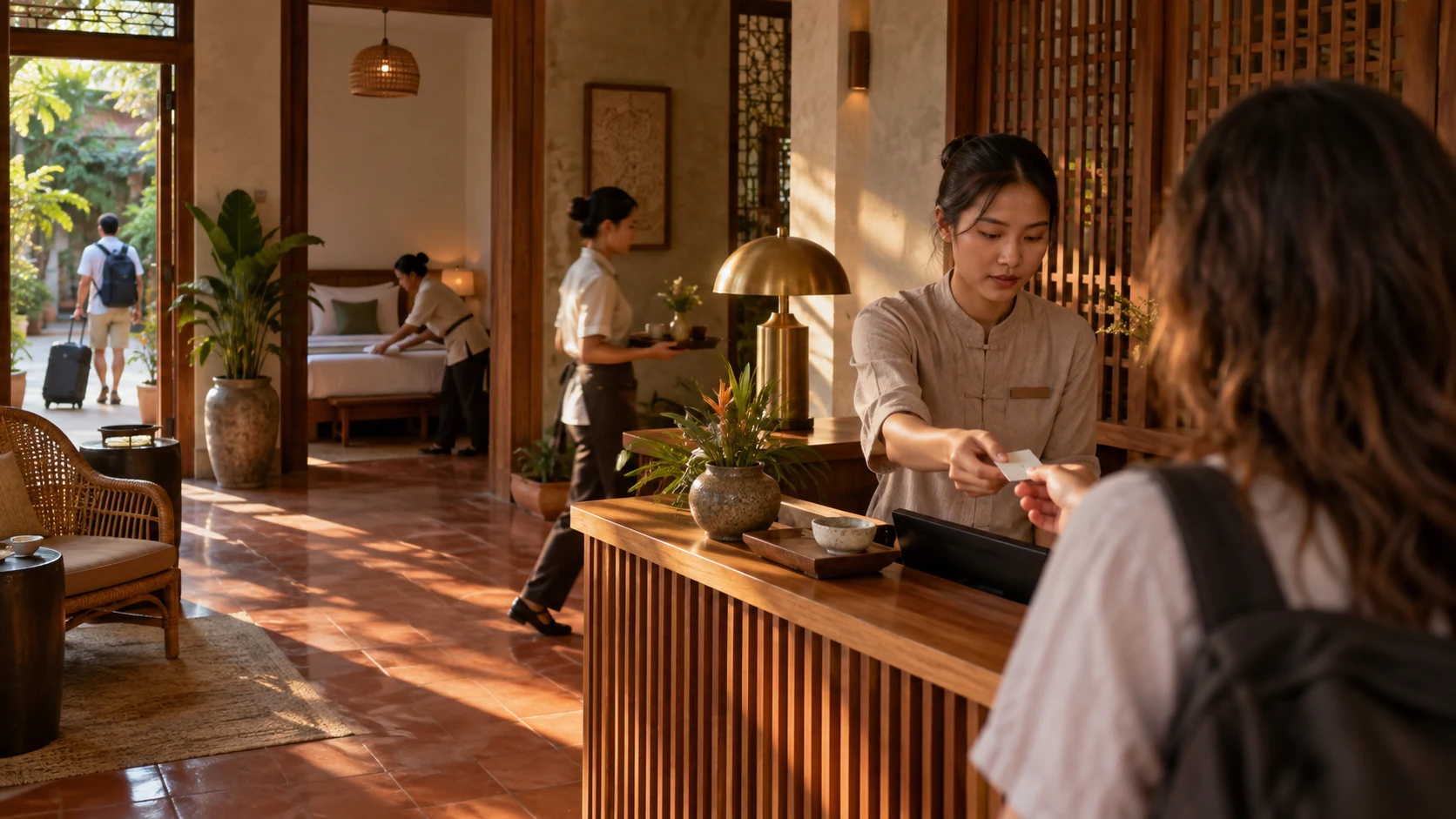 Lễ tân khách sạn nhỏ trao thẻ phòng qua quầy gỗ cho khách, phía sau một nhân viên khác đi ngang bưng khay.
