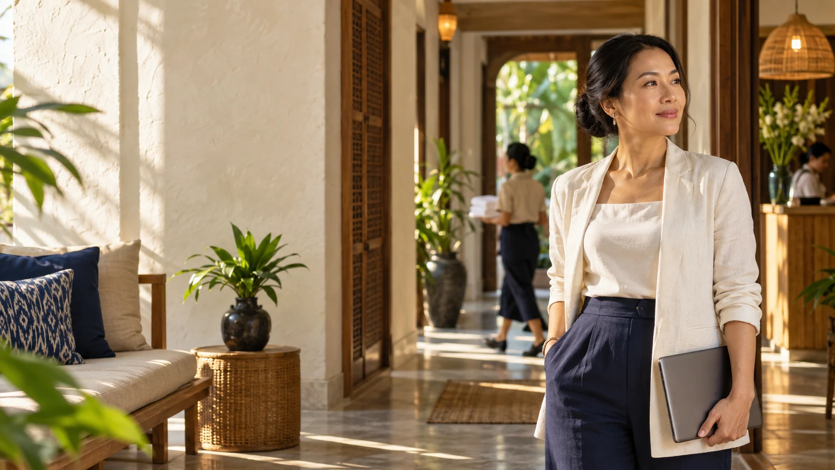 Quản lý một khách sạn nhỏ đứng ở quầy lễ tân buổi sáng, đang xem danh sách khách đến.