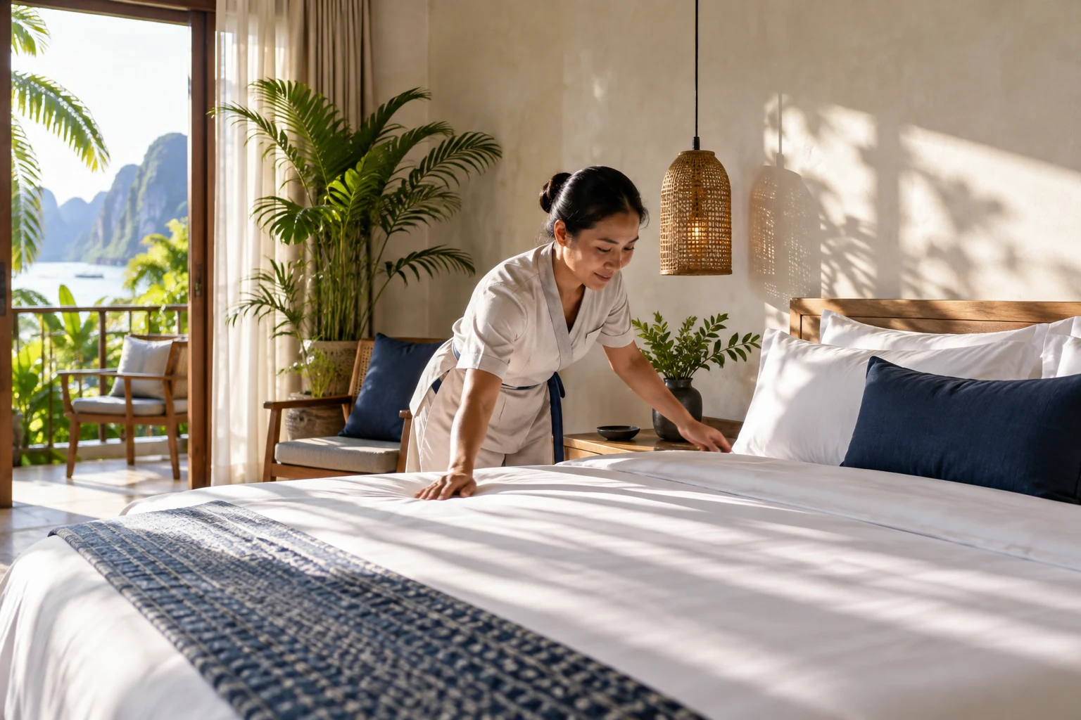 Nhân viên buồng phòng chỉnh lại ga giường trắng trong phòng ngập ánh sáng tự nhiên.