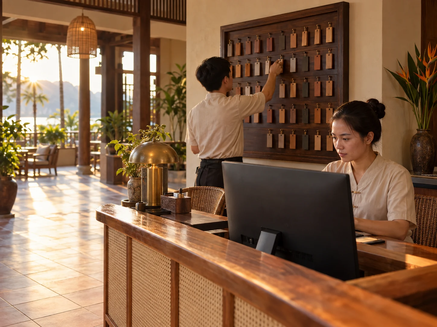 Lễ tân ngồi trước màn hình xem lịch phòng, phía sau một nhân viên khác gắn thẻ chìa khoá lên bảng số phòng trong sảnh ngập nắng.