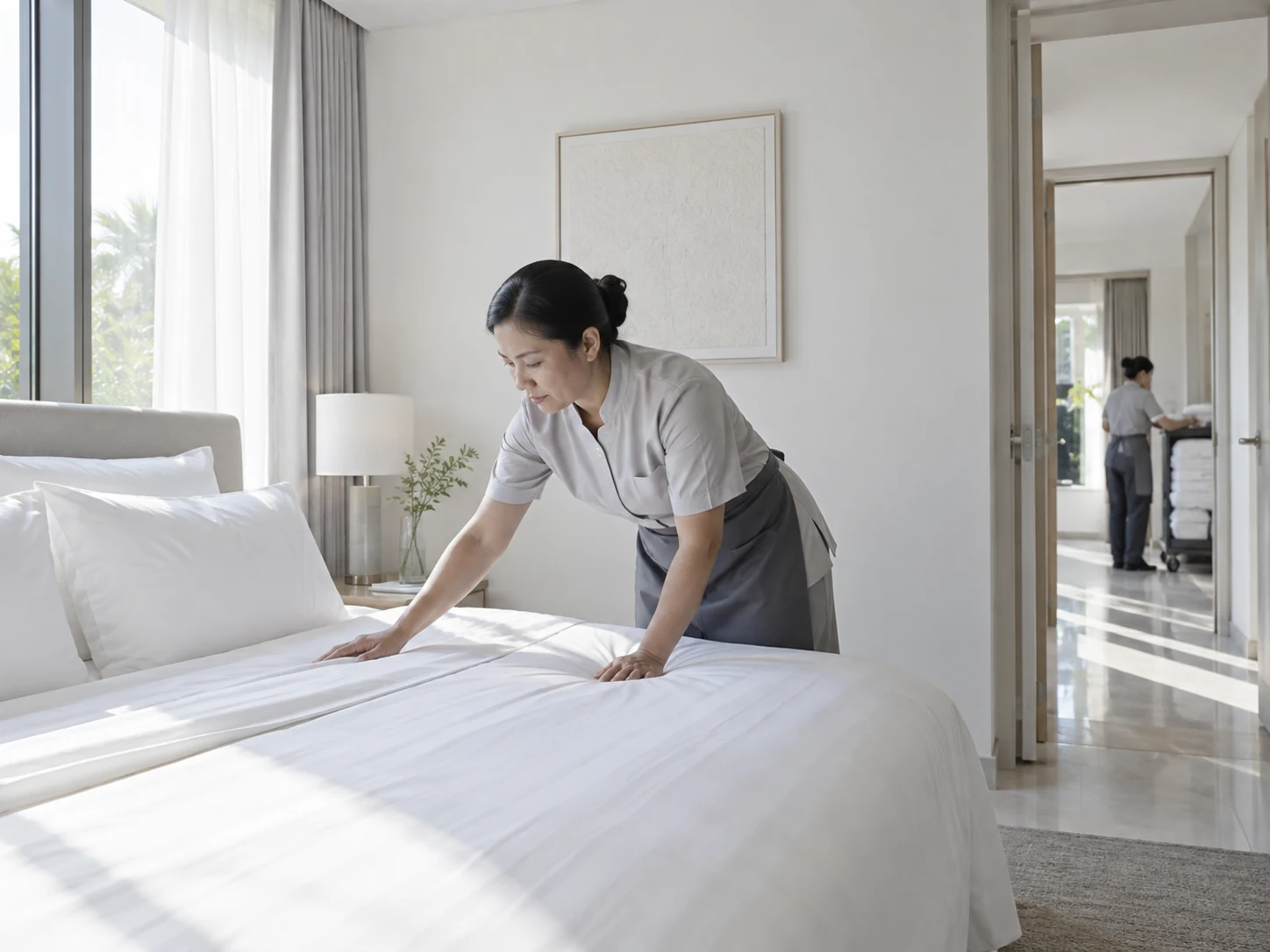Nhân viên buồng phòng vuốt phẳng ga giường trắng trong phòng khách sạn nhiều ánh sáng tự nhiên.