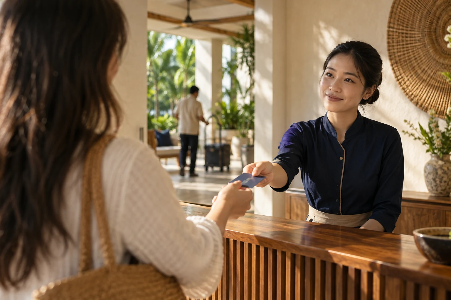 Lễ tân trao thẻ phòng cho khách tại quầy lễ tân bằng gỗ.
