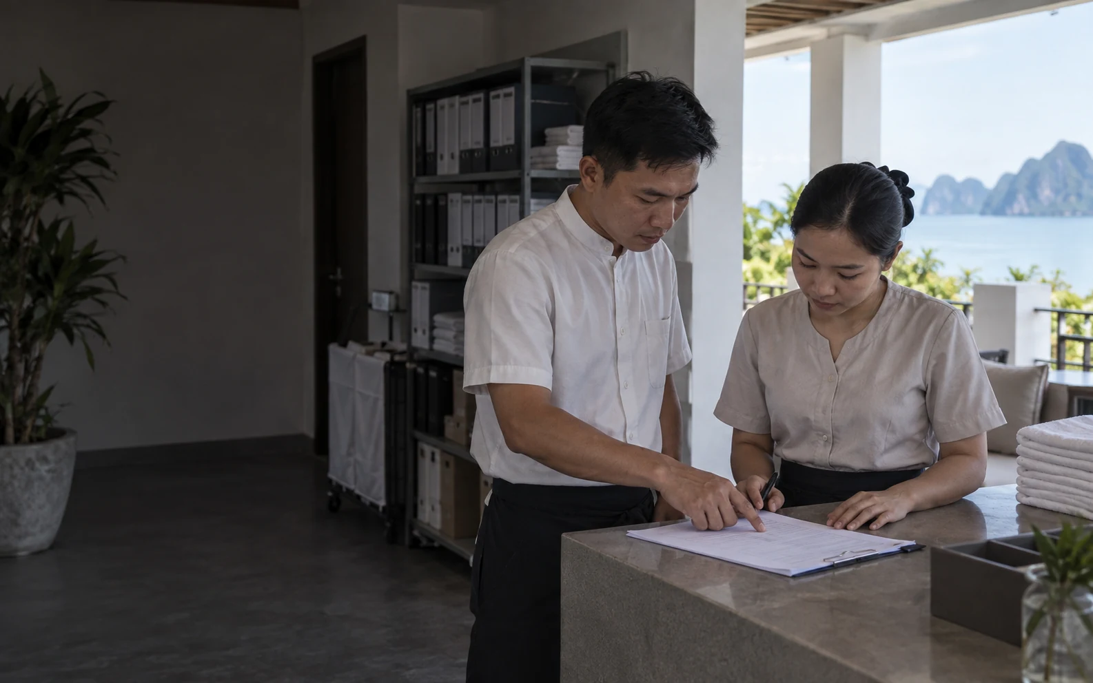 Hai nhân viên khách sạn đứng ở quầy phòng sau, cùng cúi xuống một bản checklist in trên mặt quầy.